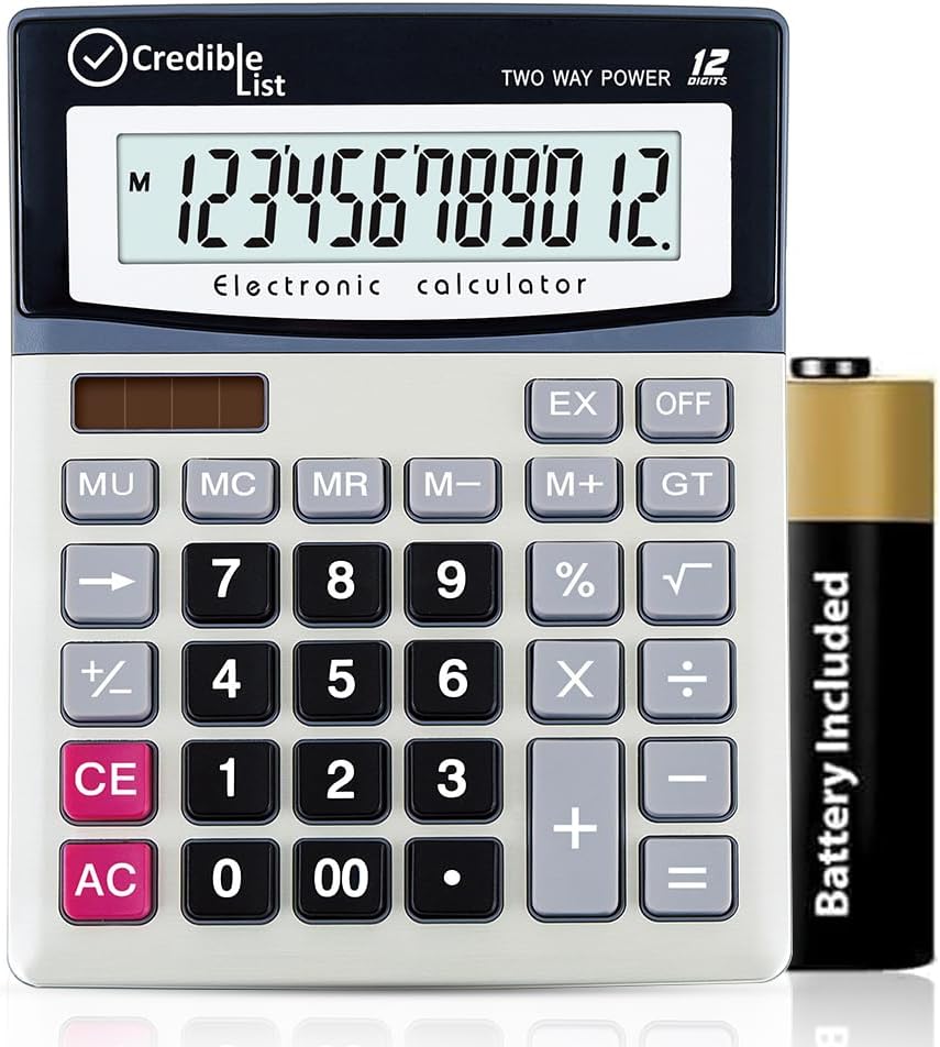 12-Digit Large Calculator with Dual Power - Perfect for Home & Office