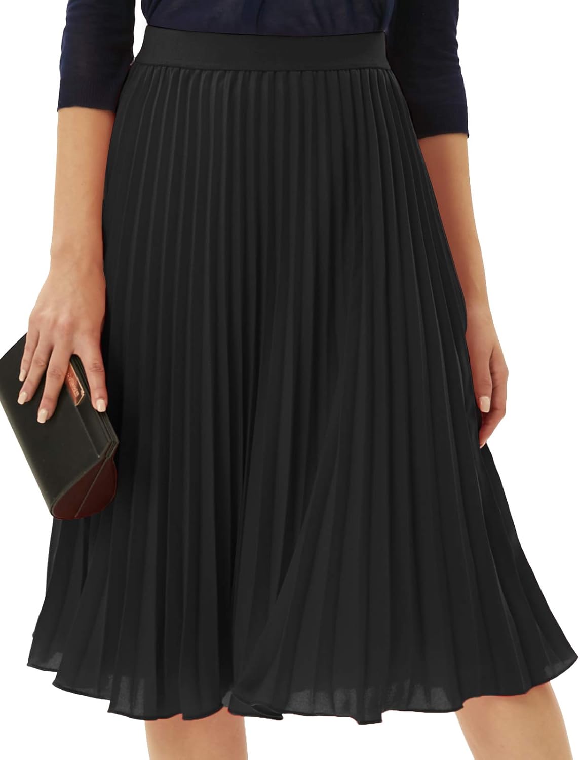 High Elastic Waist Pleated Chiffon Midi Swing Skirt for Women