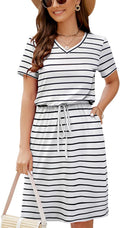 HUSKARY Women Summer Casual Midi Dress V Neck Drawstring - Breezy