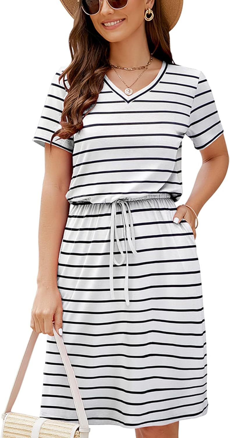 HUSKARY Women Summer Casual Midi Dresses with V Neck Design