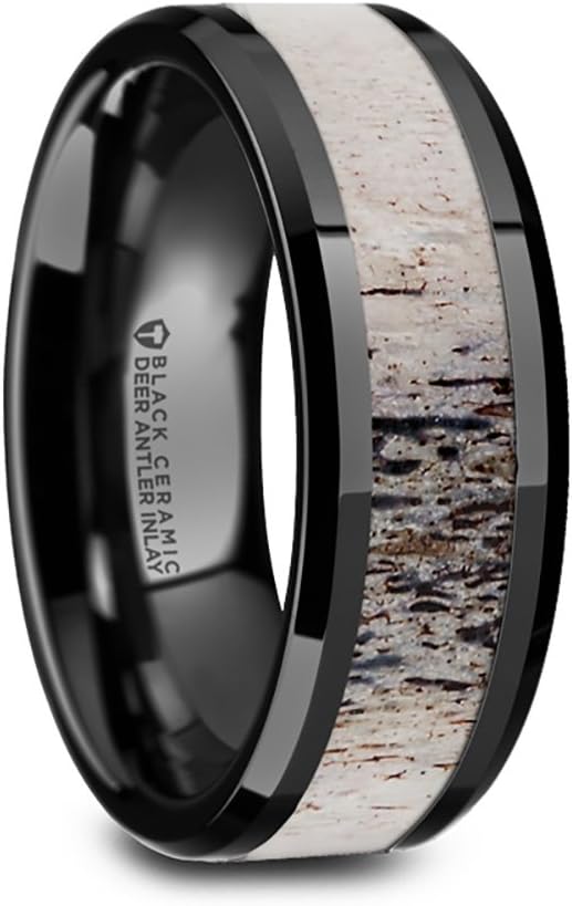 Tres Black Ceramic Wedding Band Ring with Ombre Antler Inlay