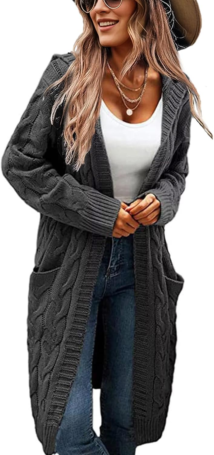 Women's Hooded Open Front Long Cardigan with Pockets