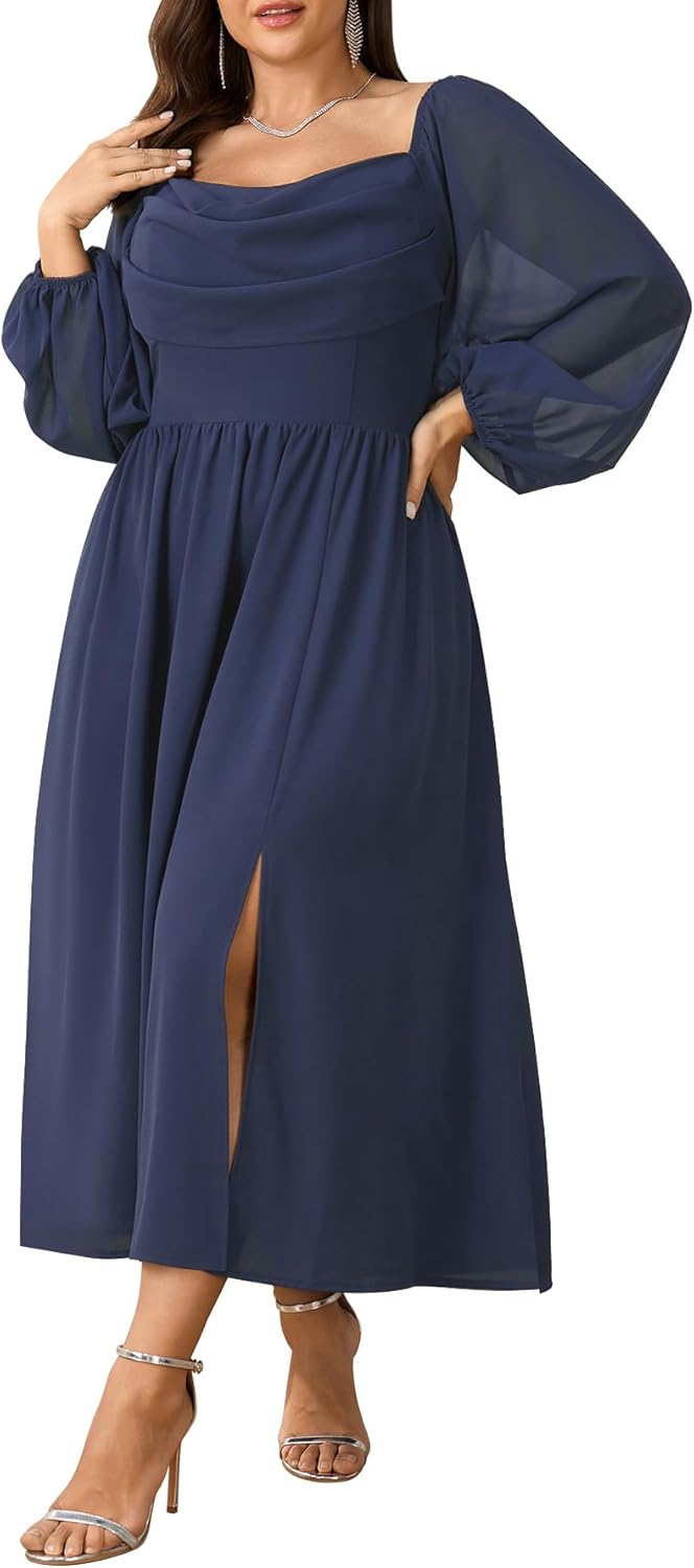 Plus Size Chiffon Long Sleeve Cowl Neck Maxi Dress for Weddings