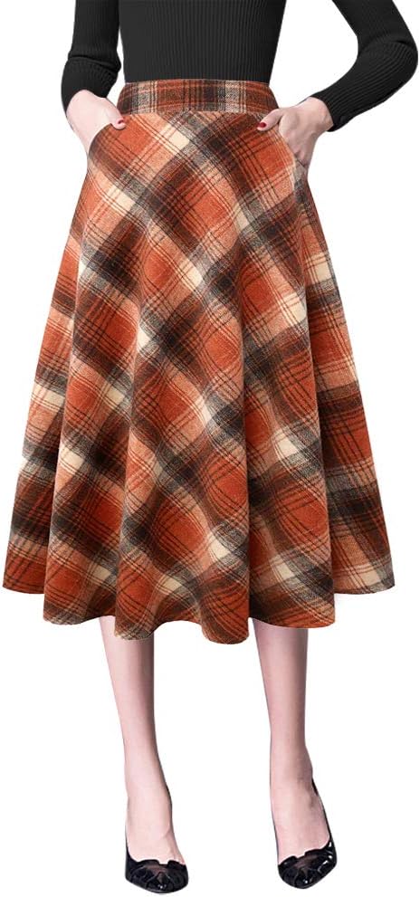 Plaid Skirts for Womens Fall Winter High Waist Aline Midi Skirts