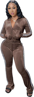 Women's Zip Up Velvet Tracksuit Set with Crop Top and Pants