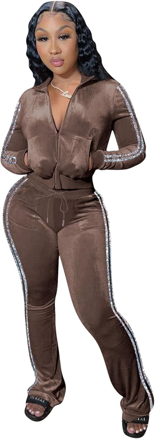 Womens Velour Tracksuit Set with Zip Up Crop Top and Pants