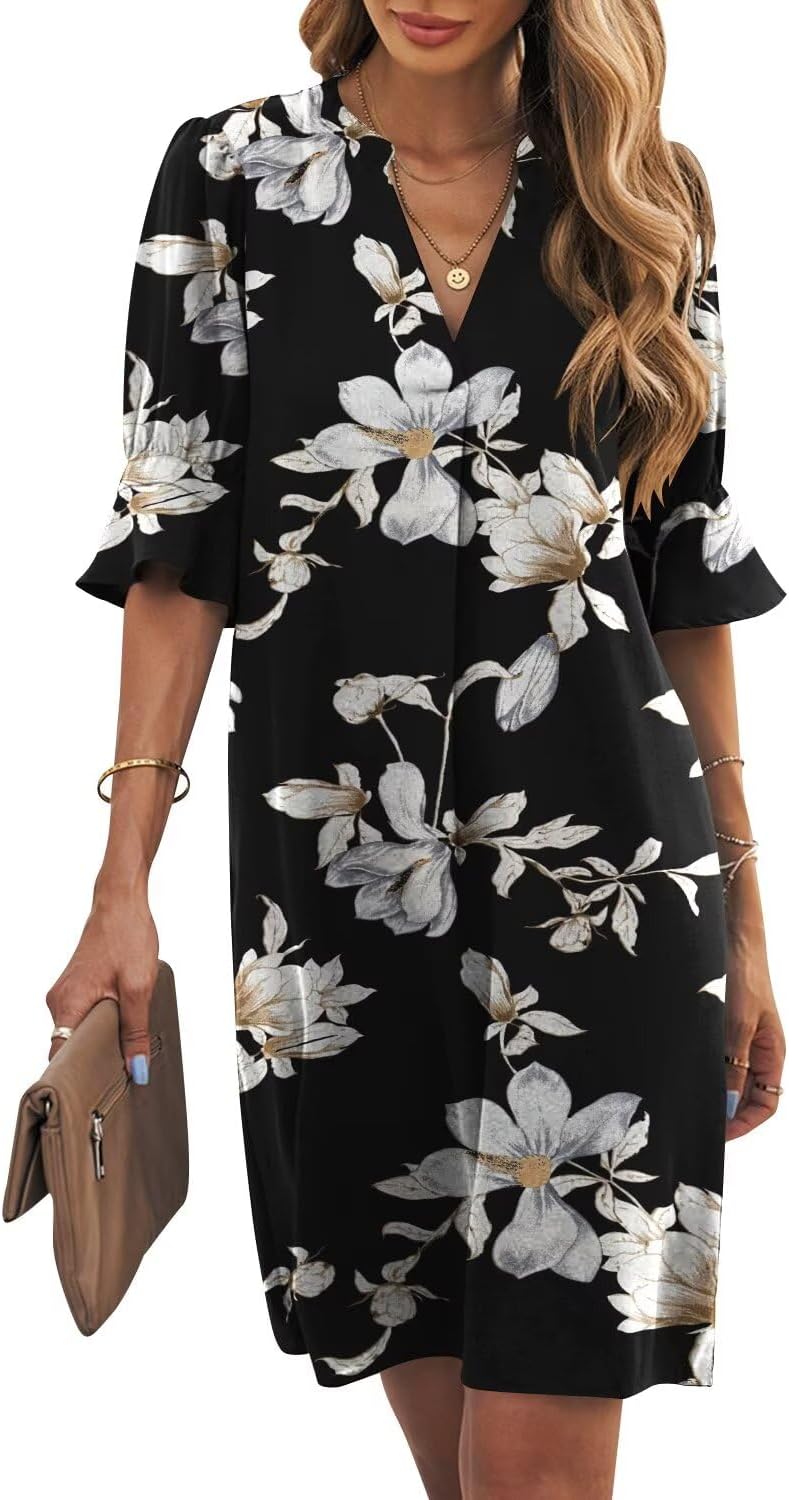 Wkior Shift Dress for Women V Neck Short Sleeves Casual Style