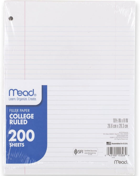 College Ruled Mead Loose Leaf Paper - 200 Sheets
