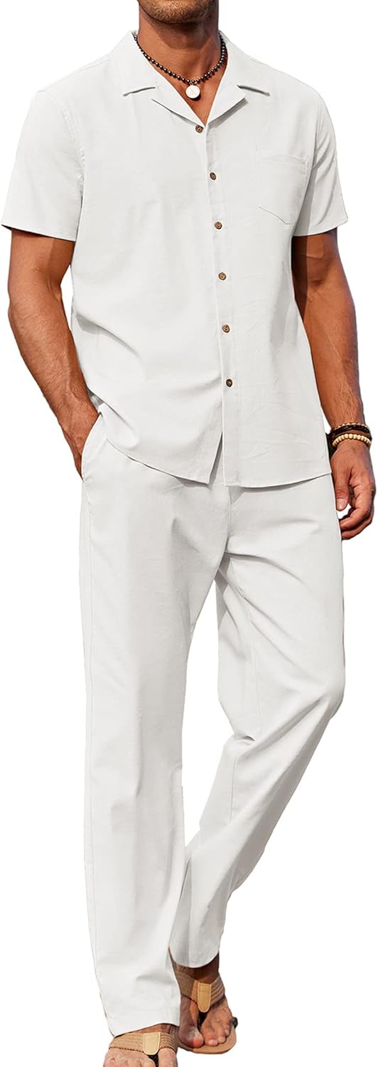 COOFANDY Men 2 Piece Linen Outfit for Beach and Casual Wear