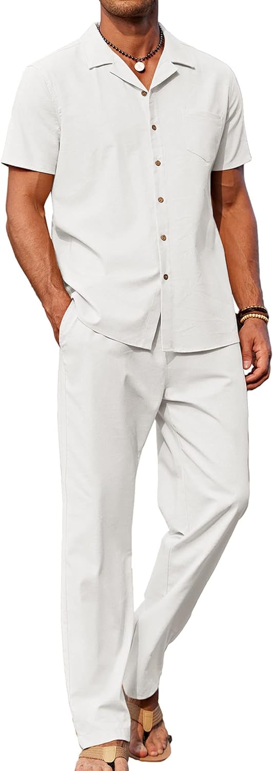 COOFANDY Men 2 Piece Linen Outfit for Beach and Casual Wear