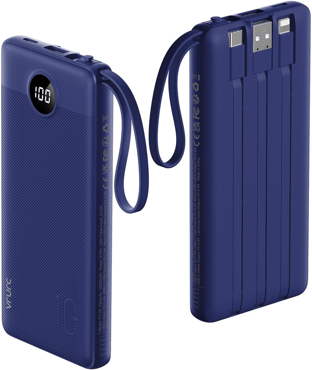 10K mAh Slim Power Bank, 5 Outputs, 2 Inputs, Built-in Cables, Navy Blue