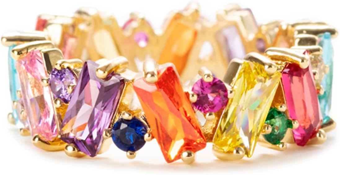 Colorful Rainbow Ring with Emerald Cut Eternity Band for Women