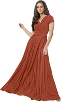 Copper Rust Orange V-Neck Cap Sleeve Maxi Dress for Women - Flowy