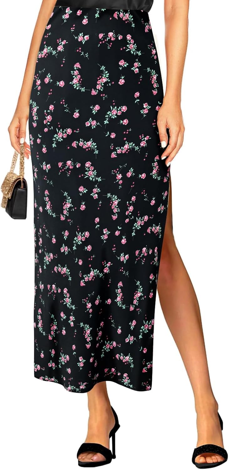 Women's Satin High Waisted Side Split Maxi Skirt for Style
