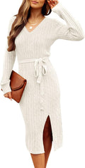 Women's Cable Knit Bodycon Sweater Dress - V Neck Midi Fit
