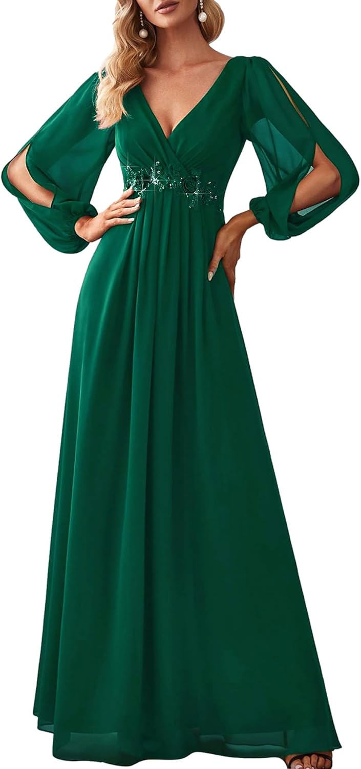 Elegant V Neck Long Lantern Sleeve Chiffon Evening Dress