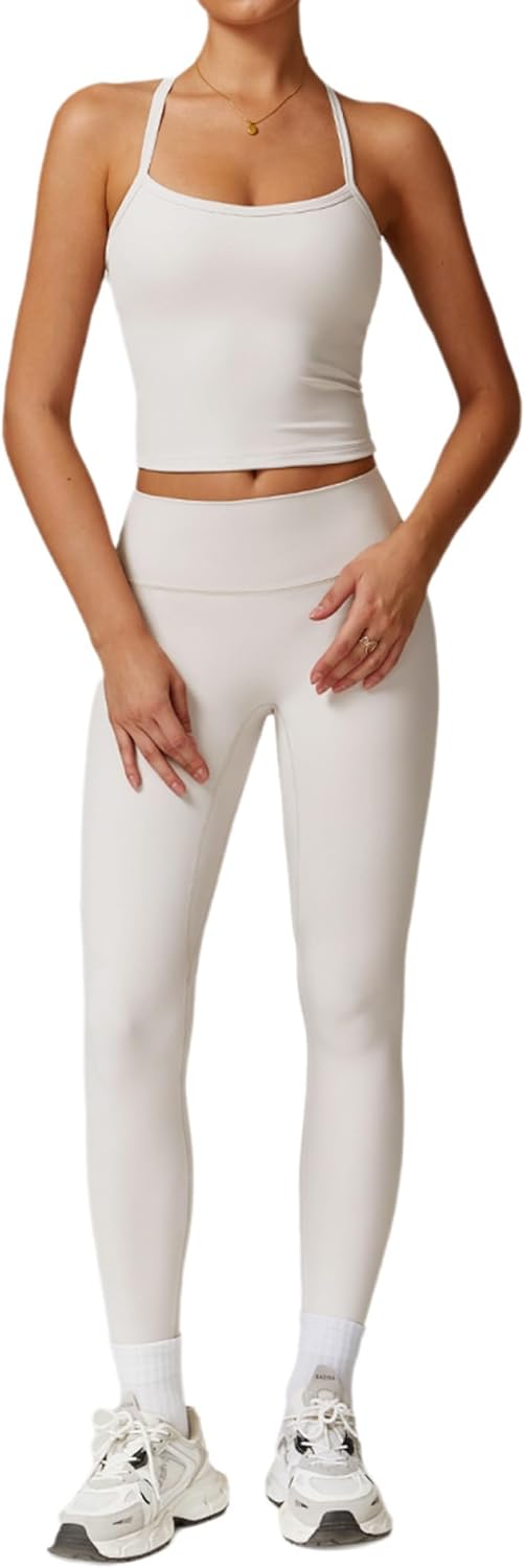 Womens Workout Sets Two Piece Cross Back Tank Top Leggings