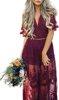 Eleter Deep V-Neck Lace Romper Long Dress - Flowy Bridal Guest Dress