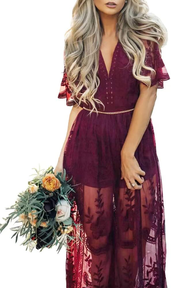 Eleter Women's Deep V-Neck Lace Romper Short Sleeve Dress