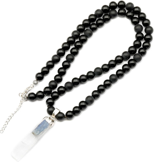 Natural Raw Tourmaline Pendant with Black Onyx Beaded Necklace