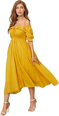 Women Vintage Elastic Square Neck Ruffled Half Sleeve Maxi Dress Other