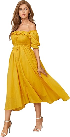 R.YIposha Women Vintage Elastic Square Neck Ruffled Maxi Dress