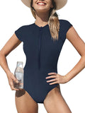 One Piece Swimsuit for Women Mock Neck Zipper Short Sleeve