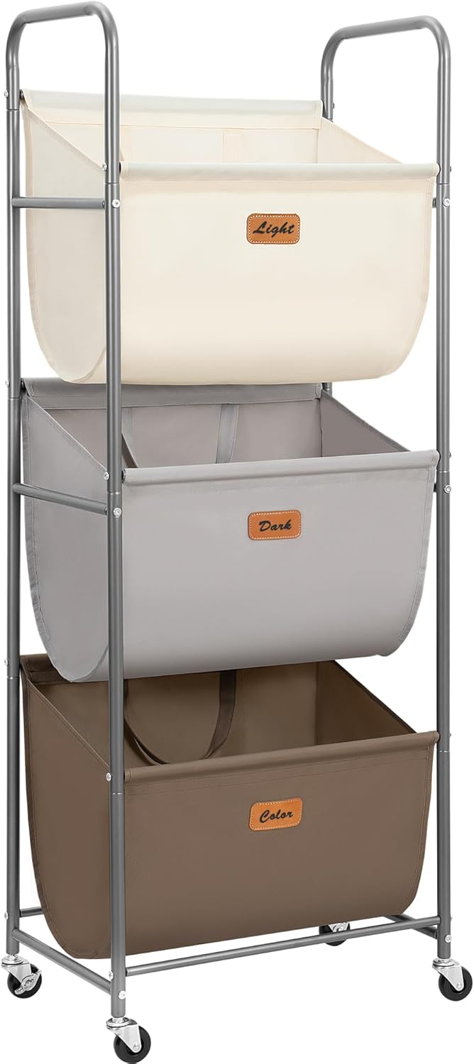 120L Vertical Rolling Laundry Hamper with 3 Sections and Wheels