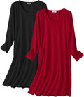 Ekouaer Cotton Nightgowns for Women 2 Pack - Long Sleeve V Neck