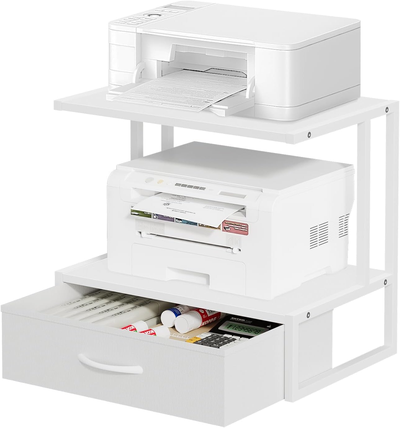 Printer Stand with Storage for Desk - 3-Tier Organizer White