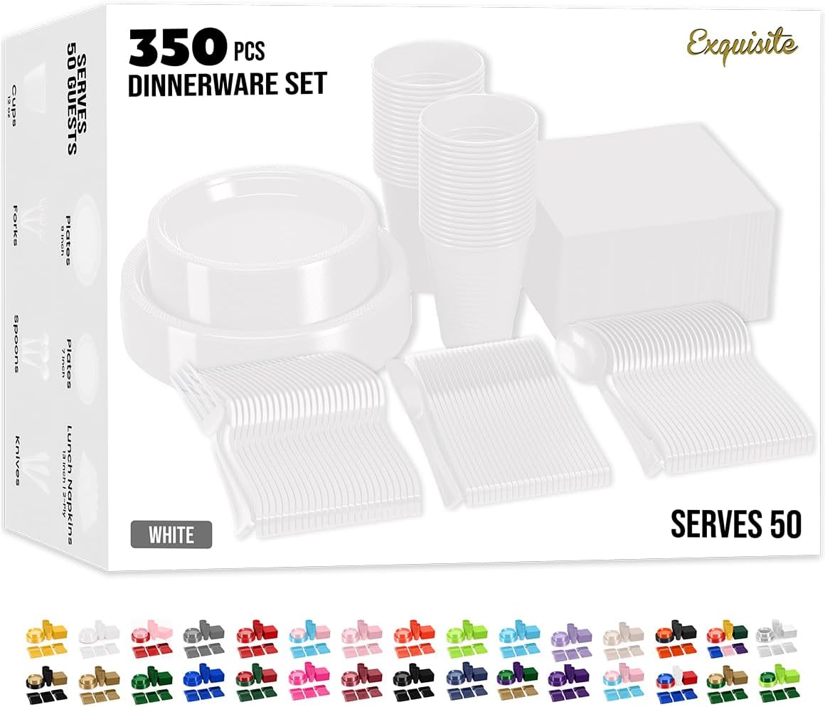 Party Solids 350 Pieces White Plastic Plates Set for Any Event