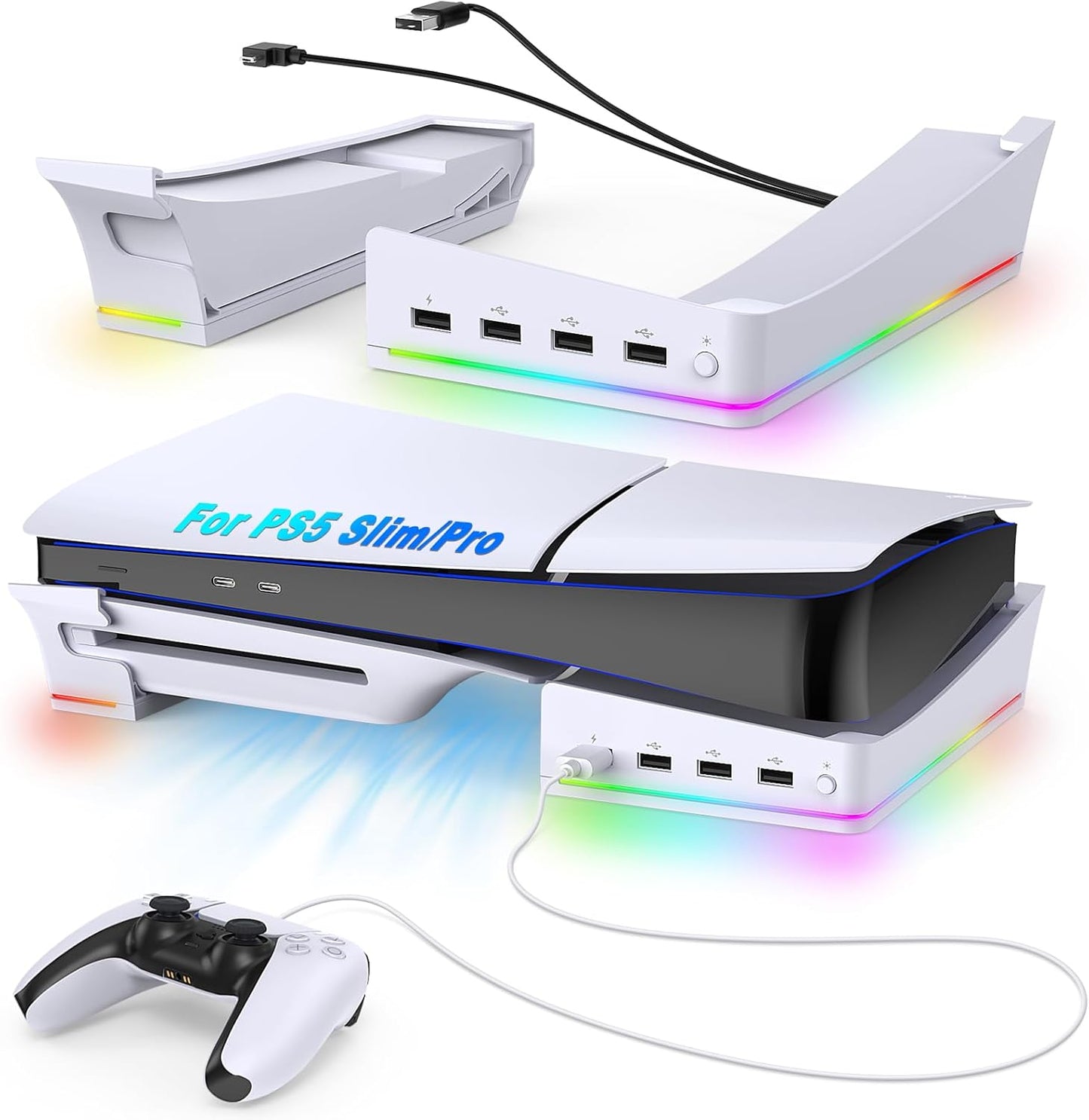 RGB Stand for PS5 Pro-Slim: 14 Light Modes, 4 USB Hubs