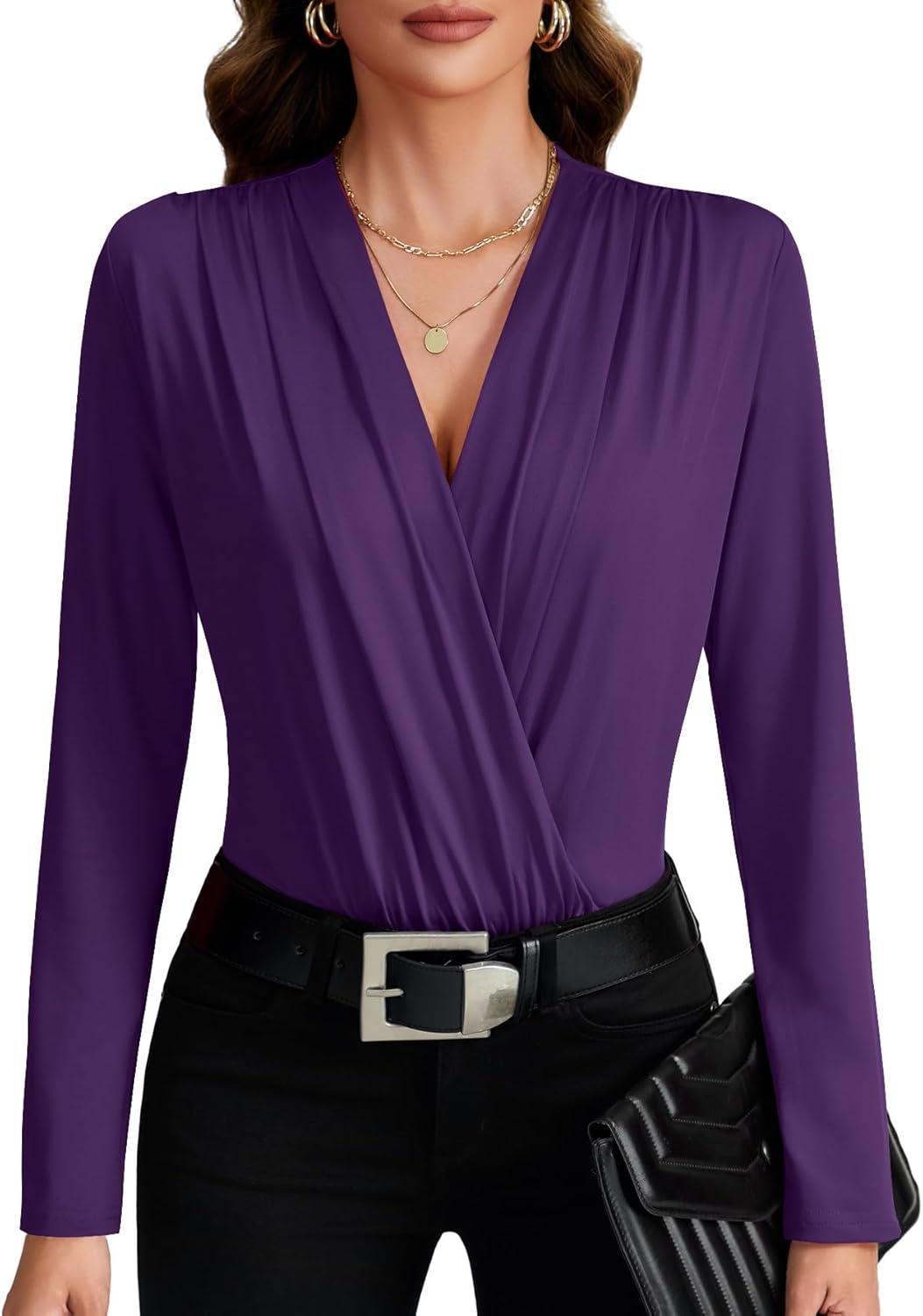 LYANER Women's Wraped V Neck Ruched Long Sleeve Bodysuit Top