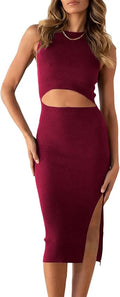 Women's Midi Bodycon Dress - Sleeveless Ribbed Knit Cut Out