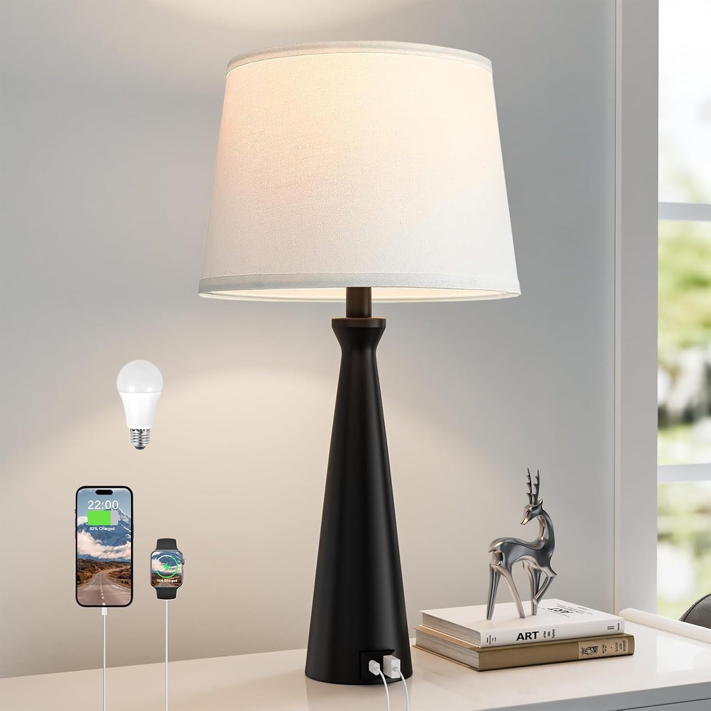 Seealle Touch Bedside Lamp - 3-Way Dimmable USB Nightstand Light
