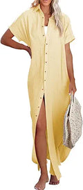 Womens Short Sleeve Button Down Beach Cover Up Dress - Lightweight