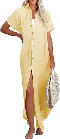 Herseas Womens Casual Short Sleeve Button Down Beach Dress