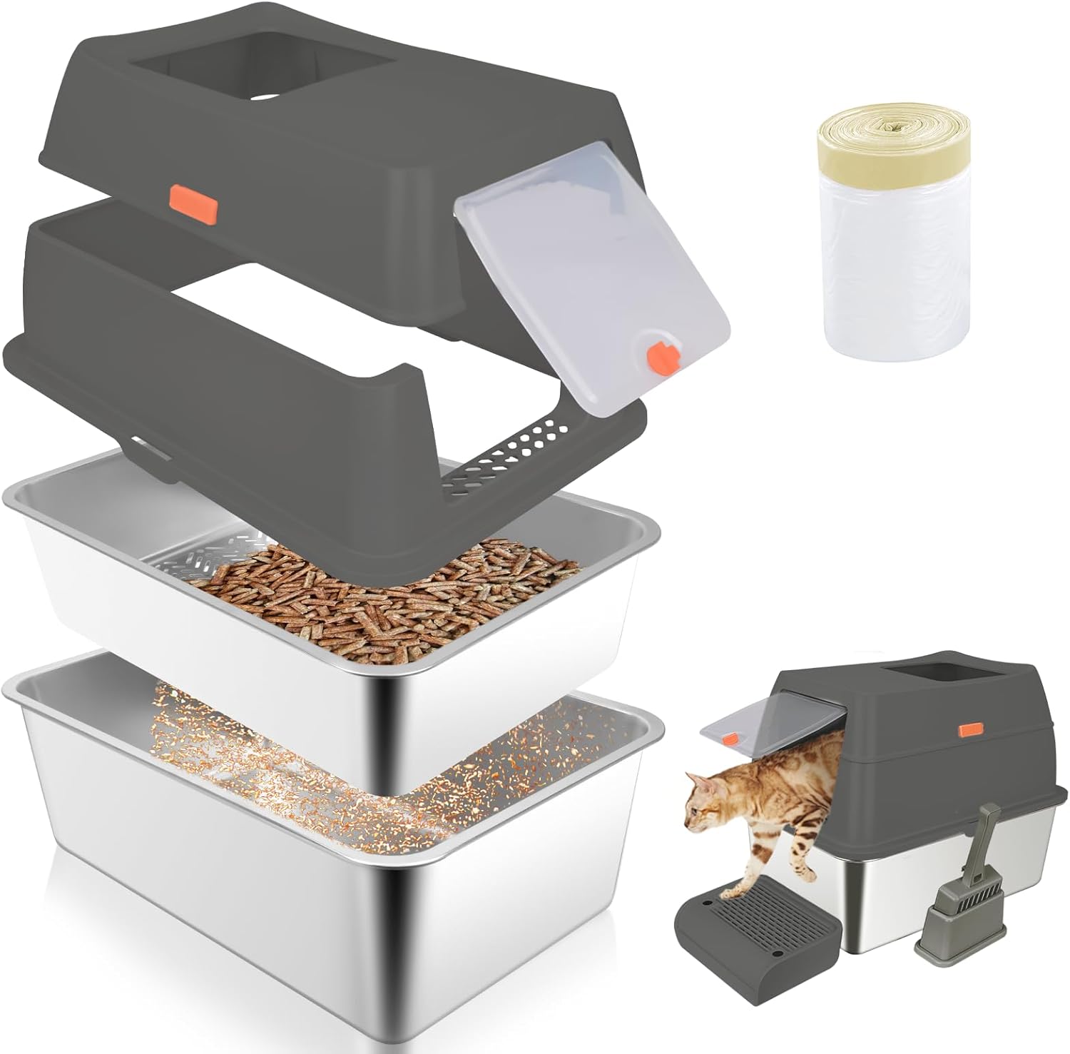 ELEGX Pine Litter Sifting Cat Litter Box Set for Large Cats
