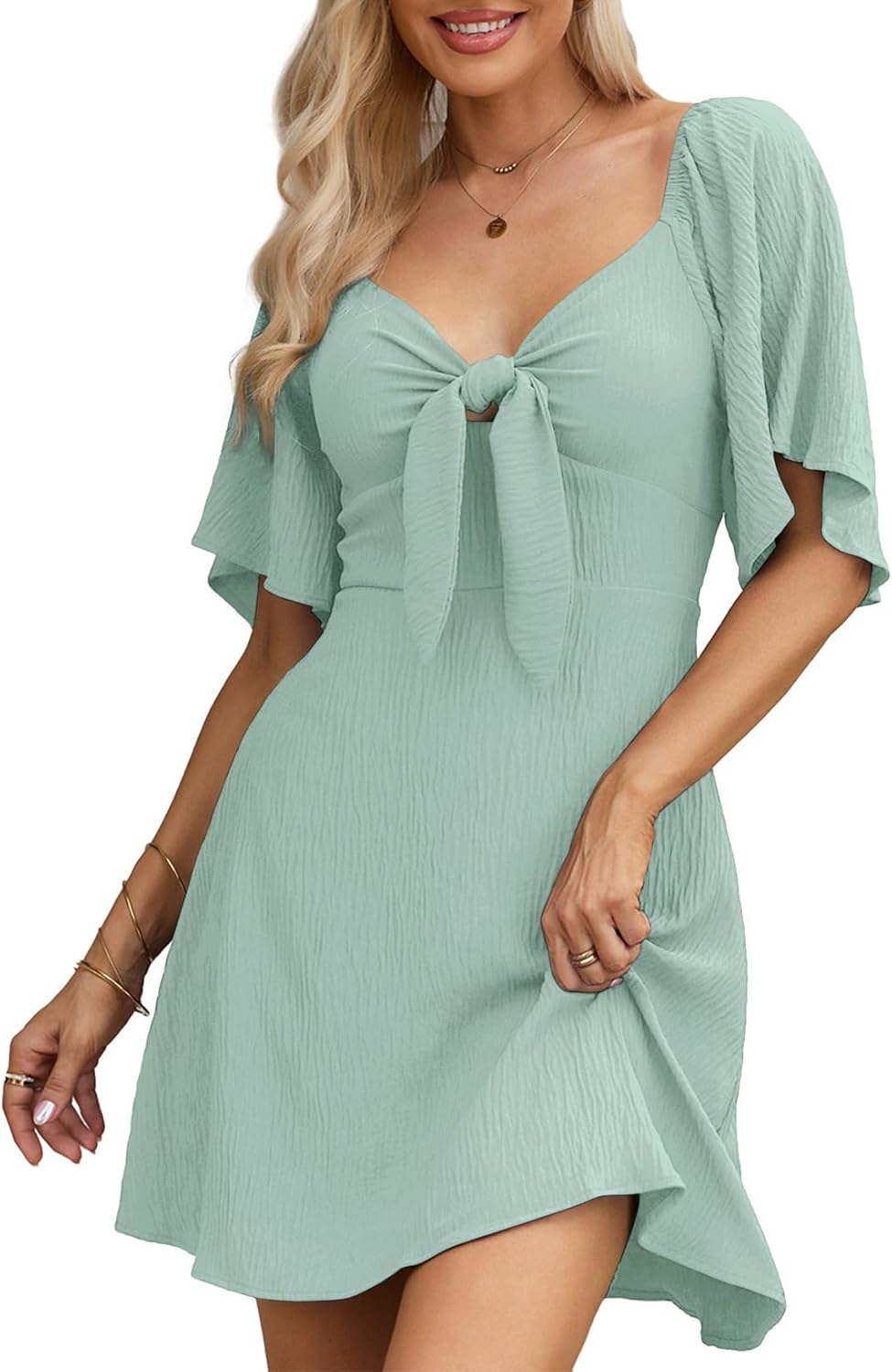 Dokotoo Womens Dresses Deep V Neck Elegant Bow Tie Mini Dress