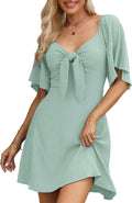 Womens Deep V Neck Bow Tie Mini Dress - Flirty Ruffle Mini