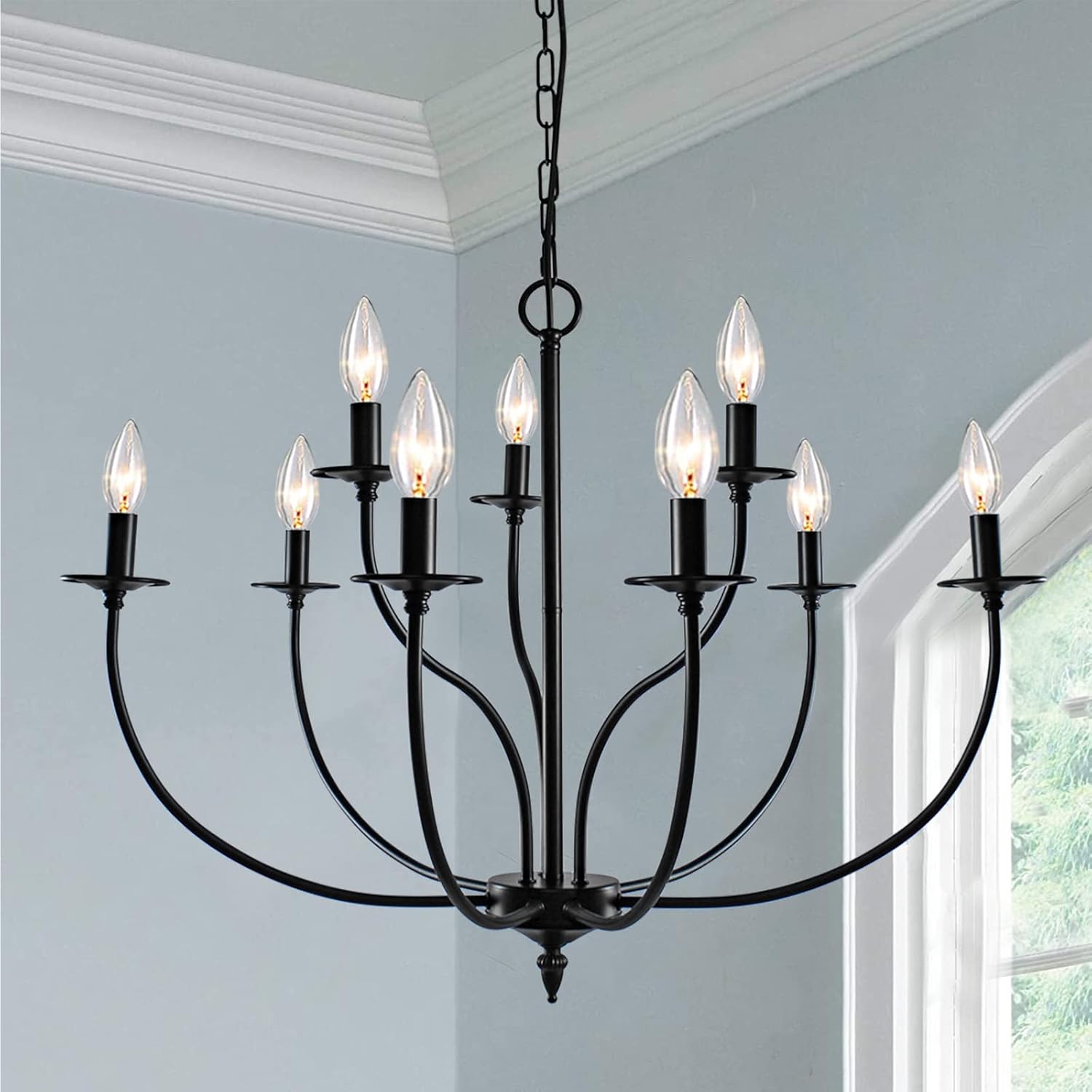 Black Chandelier, 9 Light Industrial Iron Farmhouse Style Fixture