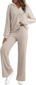 EVALESS Womens Pajama Sets Long Sleeve Lounge Set - Soft Ribbed Knit