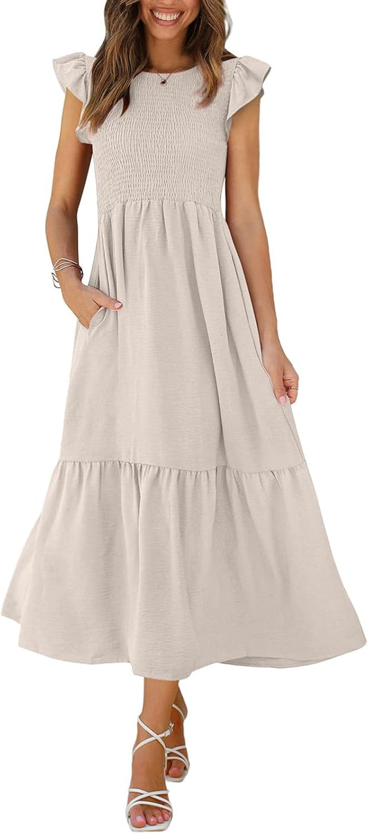 OFEEFAN Women's Casual Maxi Dresses with Pockets and Ruffles