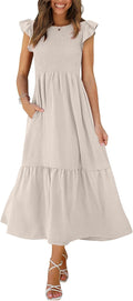 OFEEFAN Women's Fashionable Maxi Dress with Ruffles and Pockets