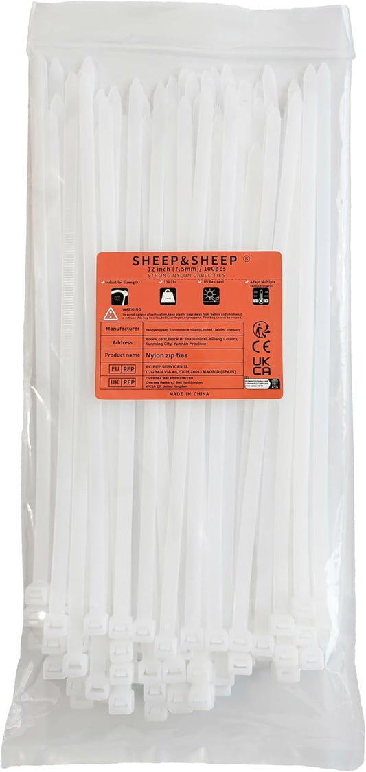 100pc Heavy Duty White Zip Ties by SHEEP&SHEEP