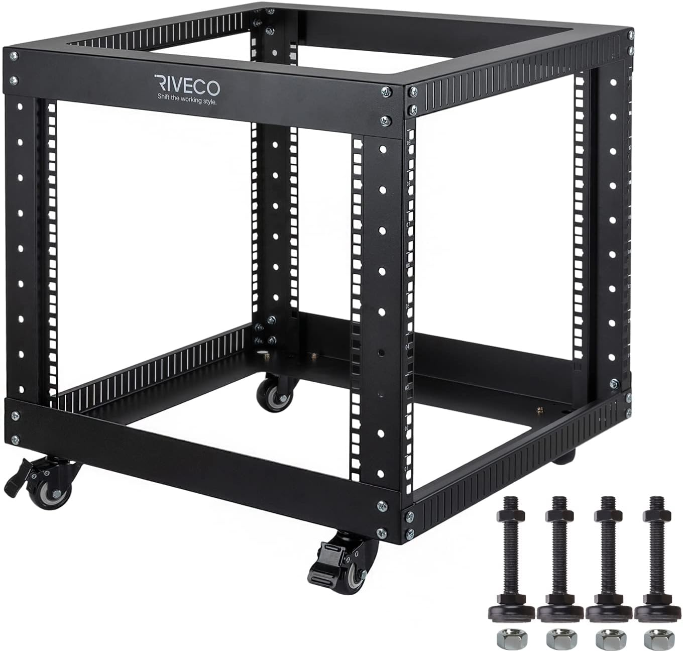 RIVECO 9U Open Frame Server Rack with Casters for Heavy Duty Use