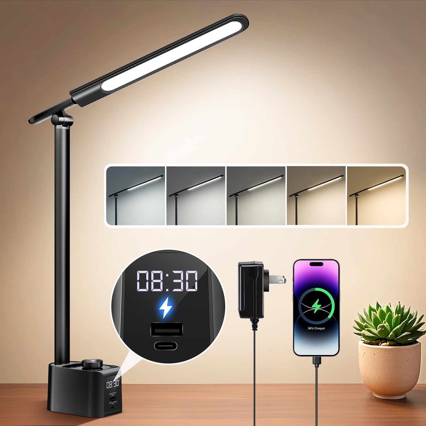 COOLNIGHT LED Desk Lamp - 5 Colors, 11 Brightness Levels, USB Charging, Clock, Pen Holder