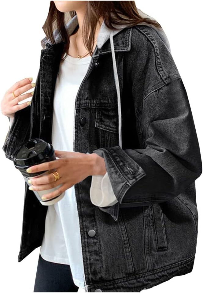 LifeShe Women's Oversized Distressed Denim Jacket with Hood