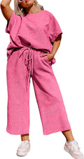 Plus Size Womens Short Sleeve Sweatsuit Set - High Waist Wide Leg