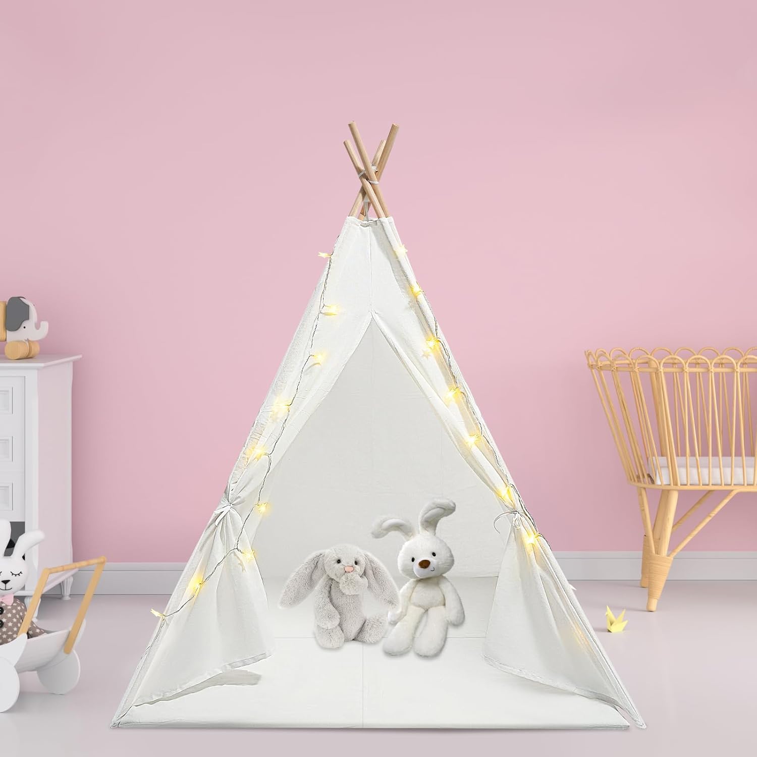 Foldable Cotton Teepee Tent for Kids - Lights Included